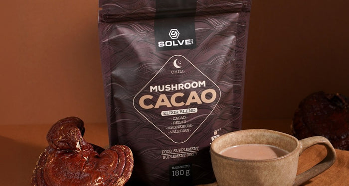 The Mushroom Cacao pouch with a mug of cacao and a reishi mushroom
