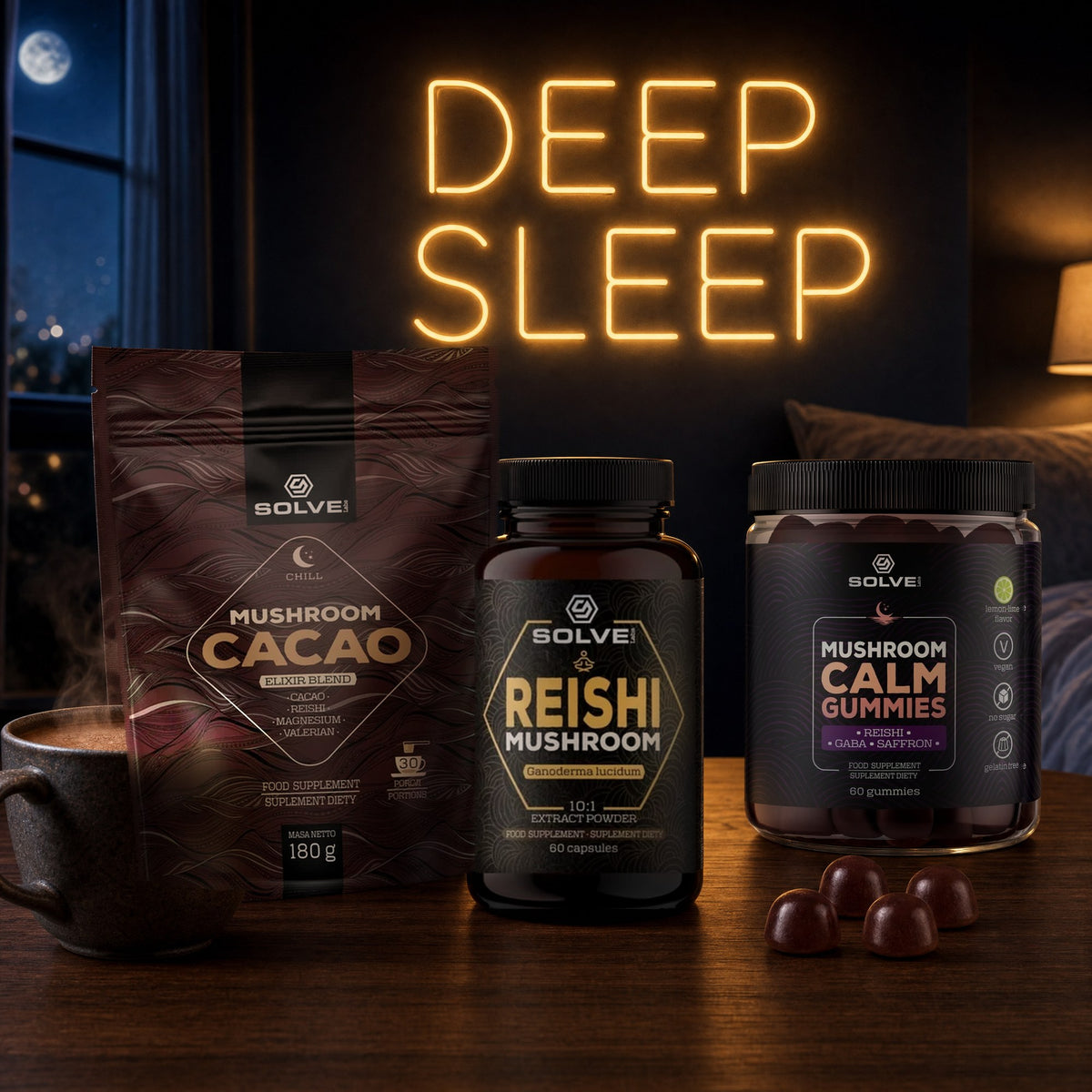 Solve Labs Reishi capsules, Calm Reishi Gummies and Mushroom Cacao on a dark table at night under a warm neon sign that reads Deep Sleep