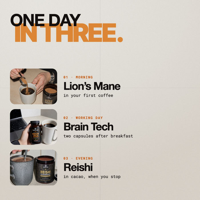 One day in three: Lion&rsquo;s Mane in your first coffee, Brain Tech after breakfast, Reishi in cacao when you stop