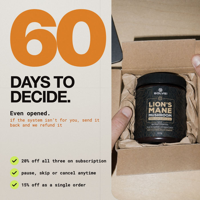 60 days to decide, even opened; 20% off all three on subscription, pause, skip or cancel anytime