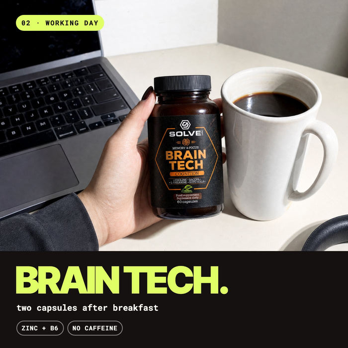 02, working day: Brain Tech, two capsules after breakfast. Zinc and B6, no caffeine