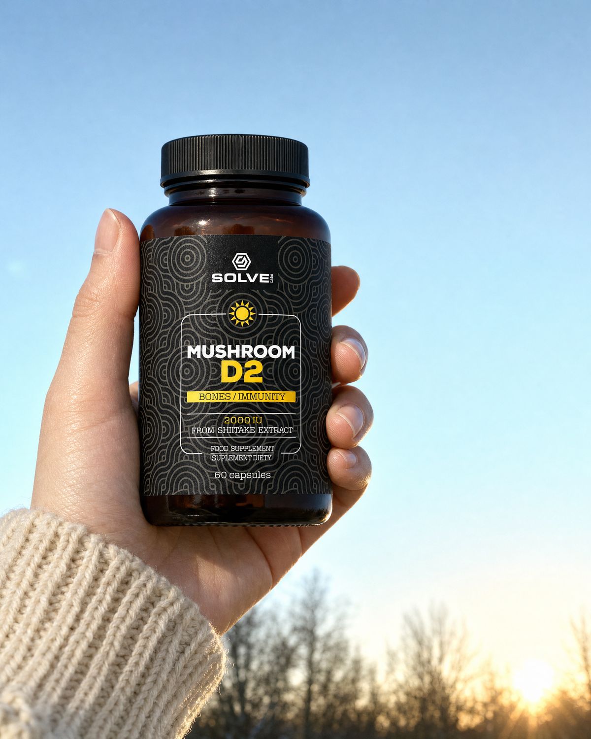 A hand holding up the jar of Solve Labs Mushroom D2 against a winter sky with a low sun
